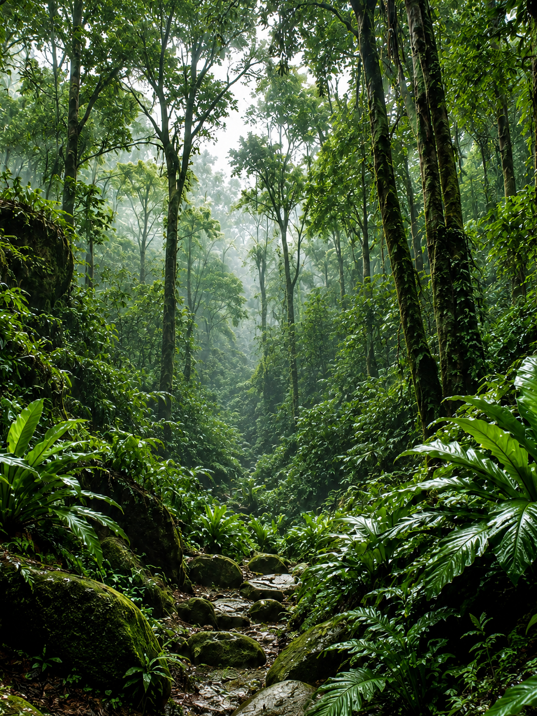 Kanopi hutan tropis Rimba Raya yang diterangi kabut