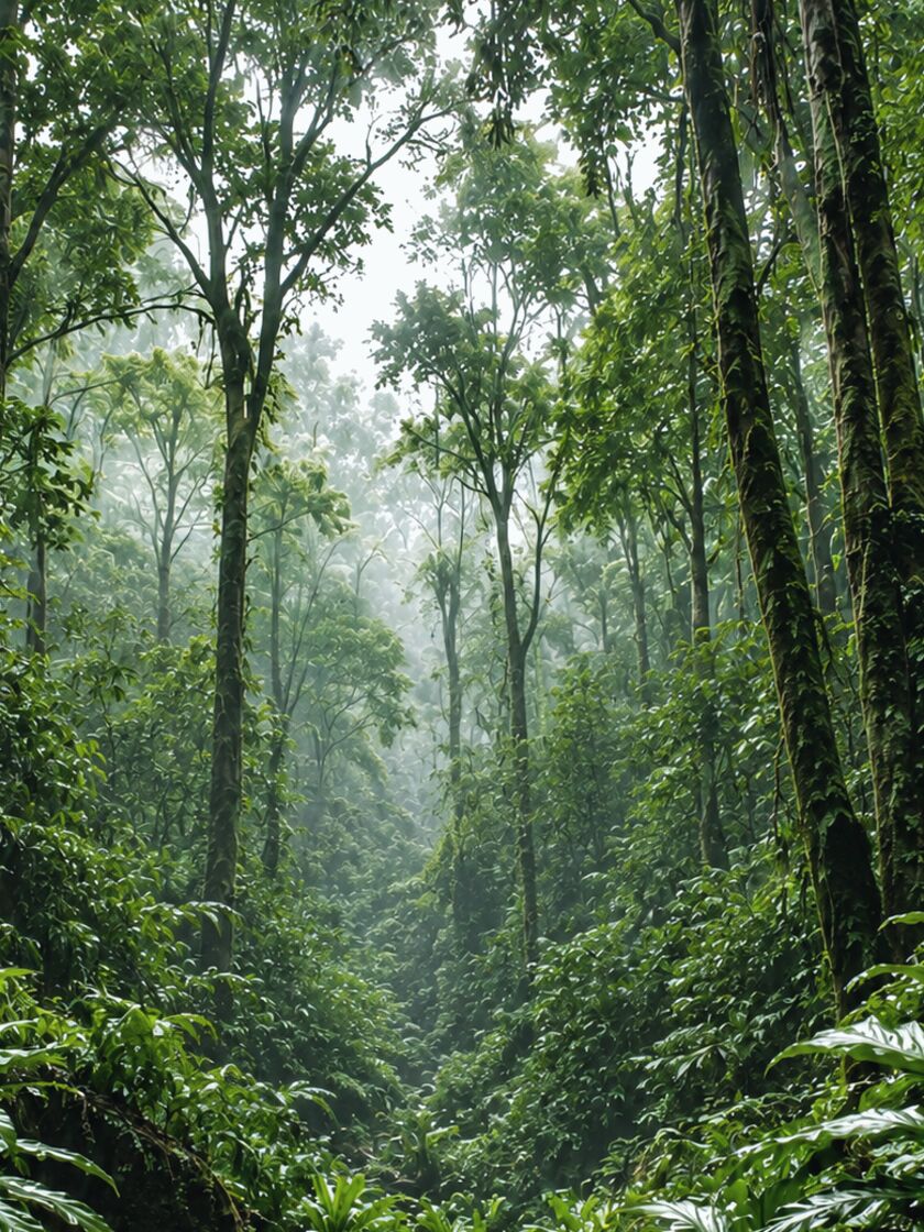 Kanopi hutan hujan tertutup kabut tipis di pagi hari