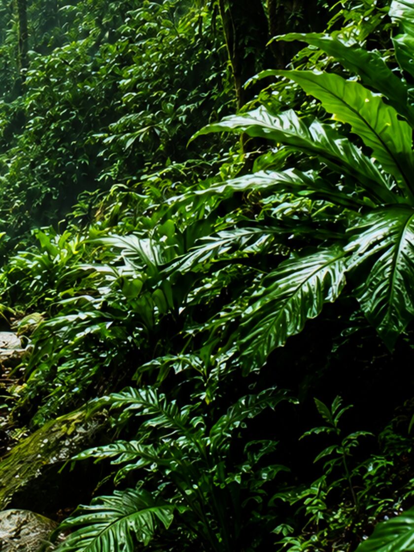 Daun pakis raksasa tumbuh rapat di tebing hutan
